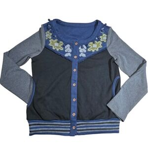 $65 XS ARTKA Gray Blue embroidered cardigan sweatshirt sweater top see mez